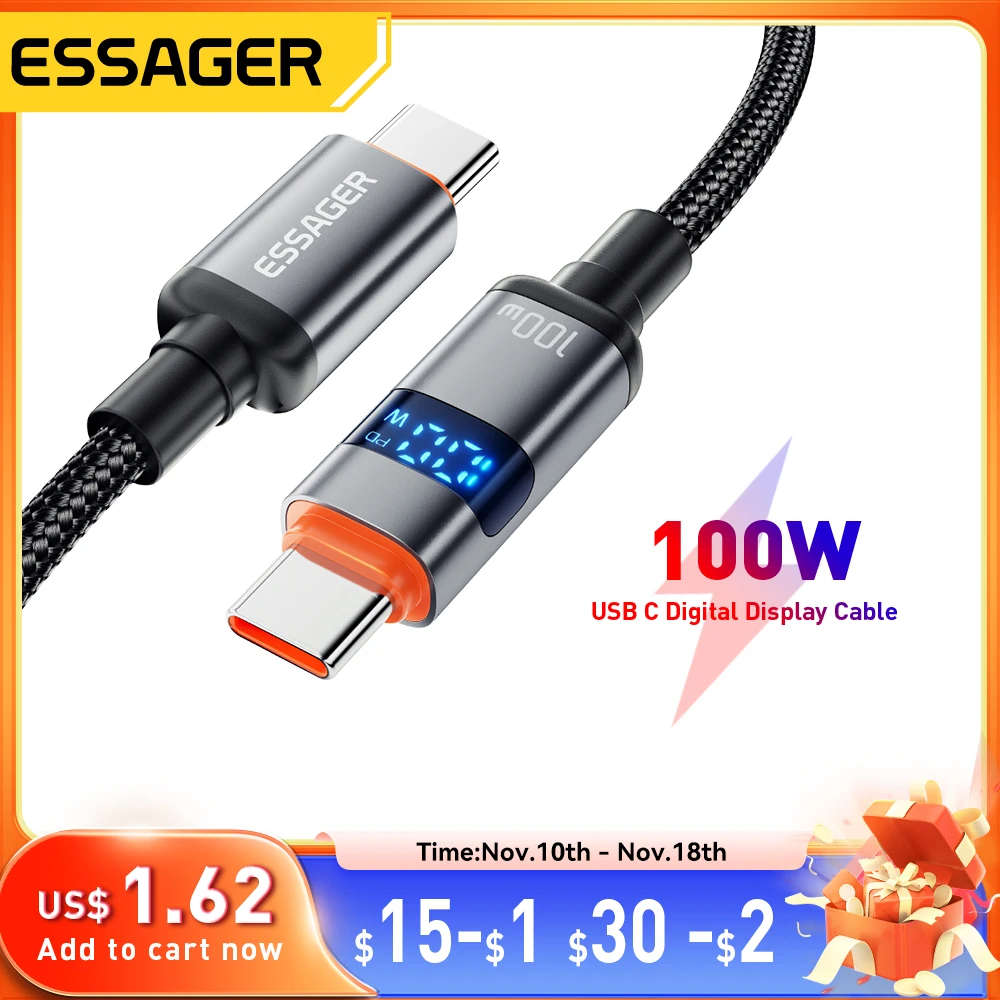 Essager 100W USB C to Type C Digital Display Cable Fast Charging 5A Type C to Type C Cable For MacBook pro Xiaomi Huawei Samsung