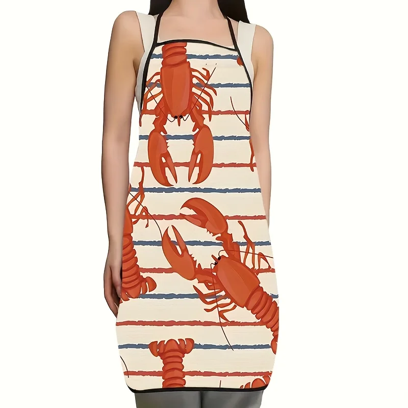 Cartoon Red Lobster Striped Seafood Pattern Waterproof Apron For Family Baking Grilling Seafood Lover Coastal Party Present