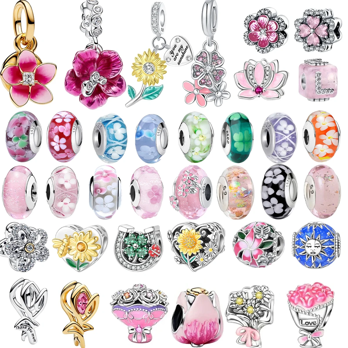

Original 925 Sterling Silver Charms Pink Flower Rose Tulip Cherry Blossom Beads Pendants Fit Bracelet Necklace DIY Jewelry Gift