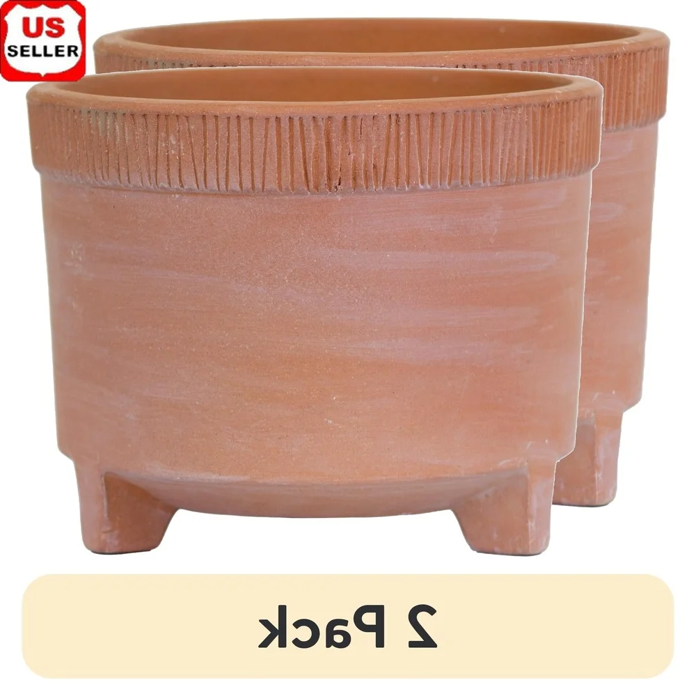 

10in Clay Planters Set of 2 Rustic Terracotta Flower Pots with Drainage Hole Footed Design Indoor Outdoor Gardening
