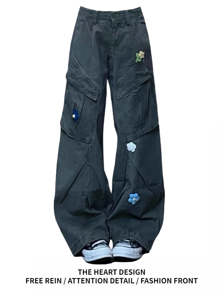 

Retro American Embroidered Workwear Jeans Women's Loose Wide Leg Bootcut Pants High Street Design Autumn Winter Slimming Effect