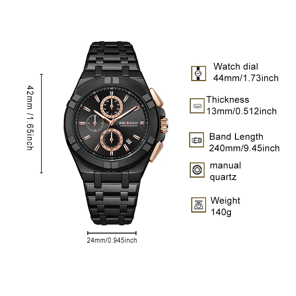 AOCASDIY men's quartz watch with alloy case, multiple dials, waterproof night light, single date window, business sports watch