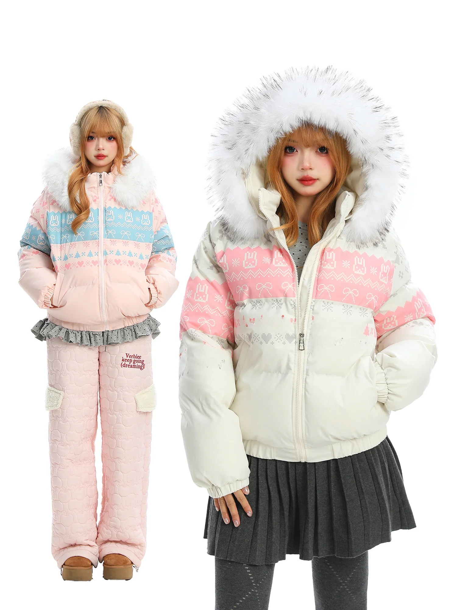 

Зимняя утепленная хлопковая куртка BearGirl для женщин с меховым воротником, теплым пушистым дизайном в виде снежинок и милым узором из кроличьего меха