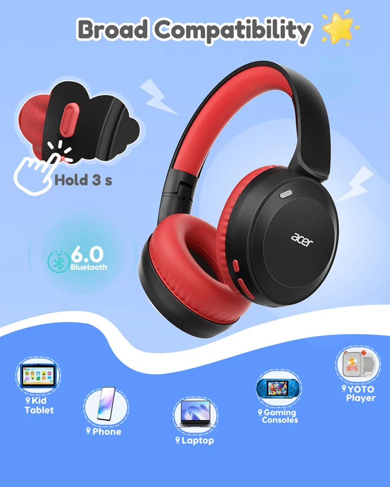 Acer OHR668 Kids Bluetooth 6.0 Headphones Foldable Wireless Over-Ear Headphones 85/94dB Volume Limiter 60H Playtime Built-in Mic