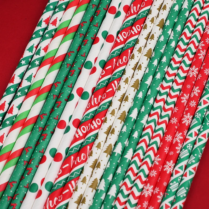 100Pcs Christmas Paper Straws Xmas Tree EIK Snowflake Striped Disposable Drinking Straws New Year 2026 Navidad Party Table Decor