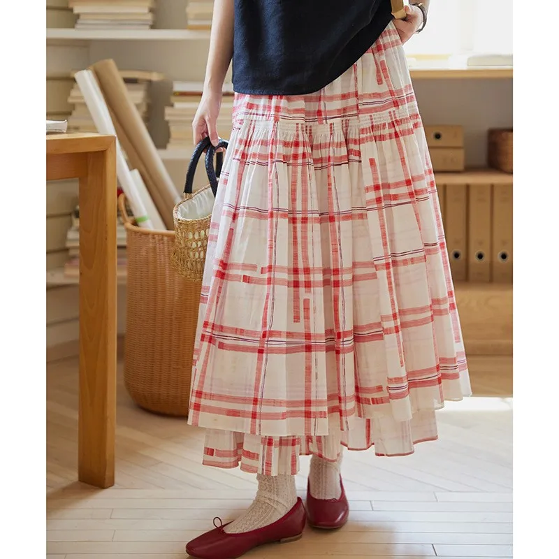 

Johnature Summer French-style Red Plaid Double-layer Women Skirts Casual Elastic Waist A-line Skirts