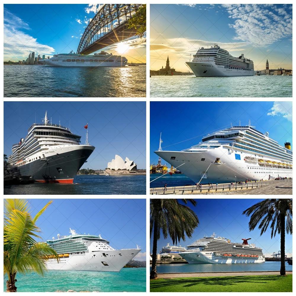 크루즈선 바다 사진 배경 커스텀 여행 테마 파티, 여름 코코넛 나무 풍경 장식, 사진 스튜디오용 배경