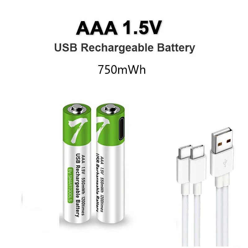 100% High capacity 1.5V AAA 750mWh USB rechargeable li-ion battery for Remote control wireless mouse toy + Cable