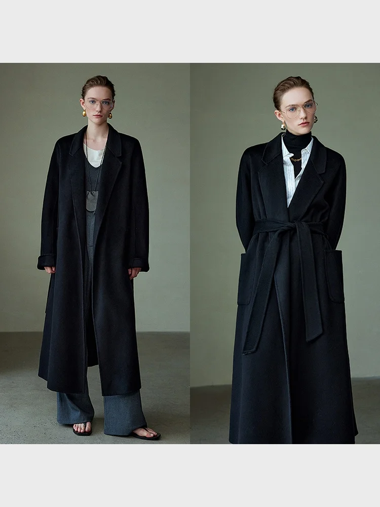 

Missprins Double-Sided Woolen Coat Women's Long Over-Knee Belted Cashmere Woolen Outerwear Elegant Commute Style Long Sleeve