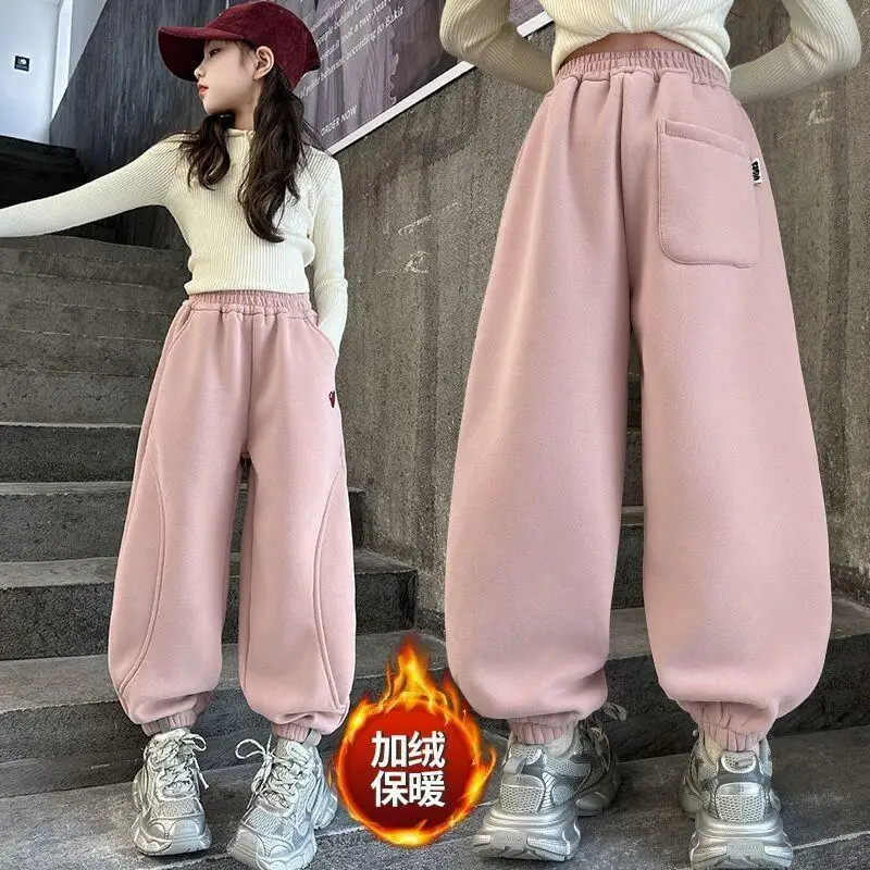 

Осенне-зимние теплые брюки для девочек, однотонные брюки, длинные брюки с эластичной резинкой на талии, удобная детская одежда для детей 4-12 лет