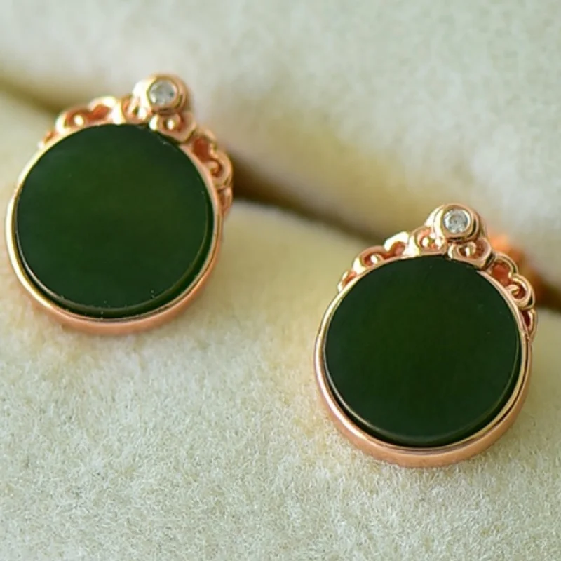SGARIT Natural Hetian Green Jade S925 Silver Round Stud Earrings 9*11mm Rich Deep Green Elegant Simple Fine Texture Jadeite