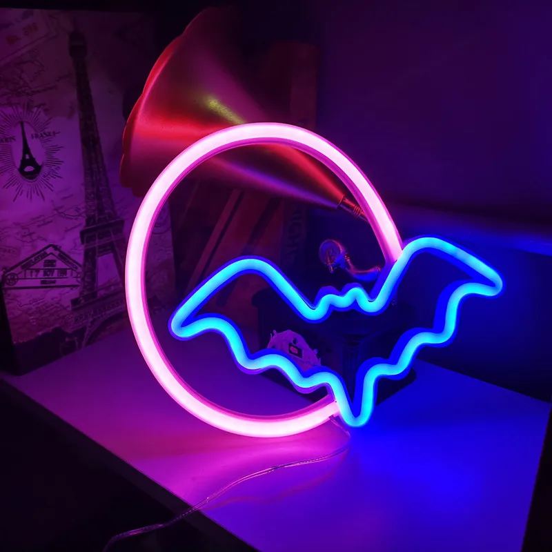 Halloween Decoration Lamp LED Moon Bat Neon Lamp Festival Neon Light For Bedroom Party Wall Home Hanging Decor Adult Kid Gift