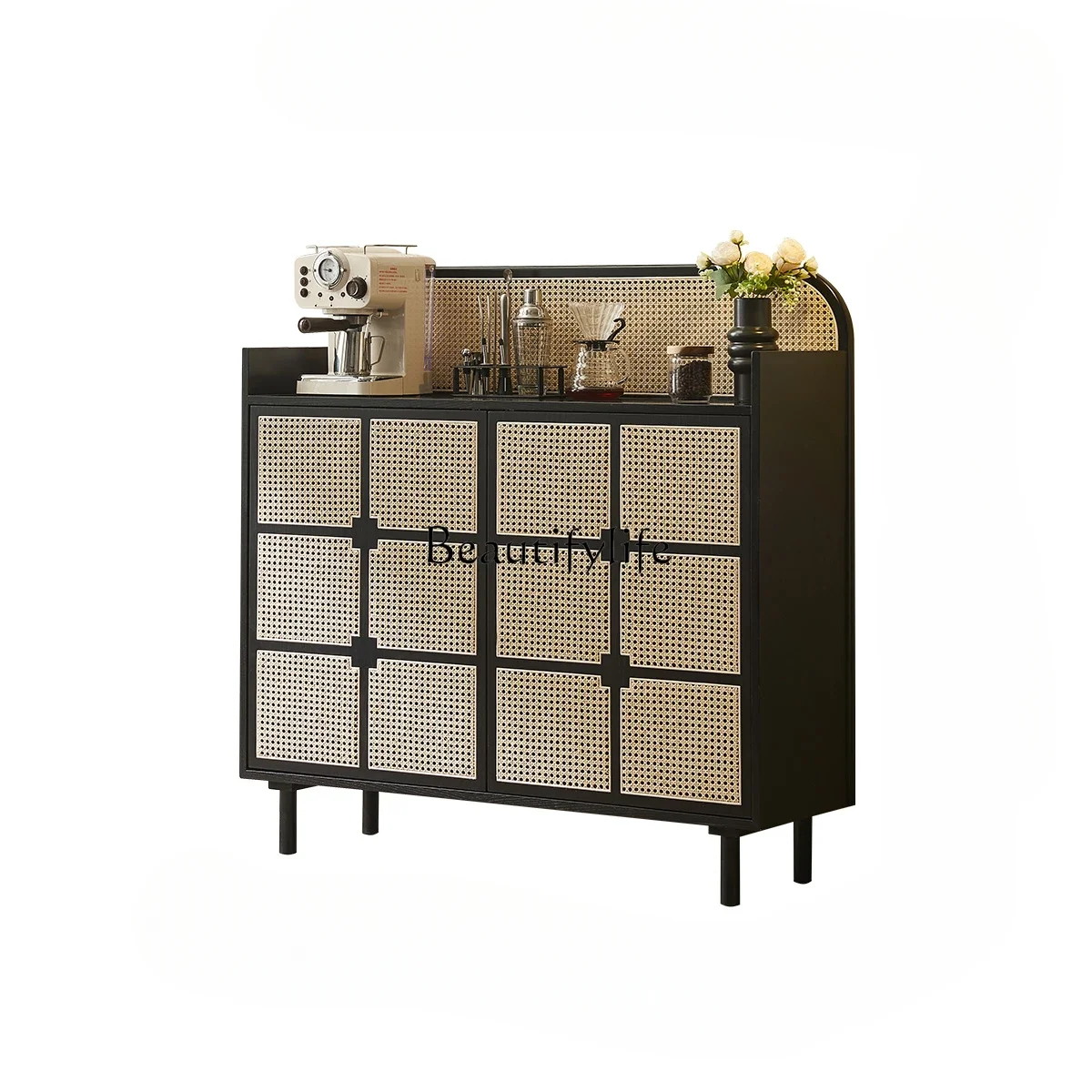 

Retro solid wood dining side cabinet, wabi-sabi wind storage, Japanese rattan entrance cabinet