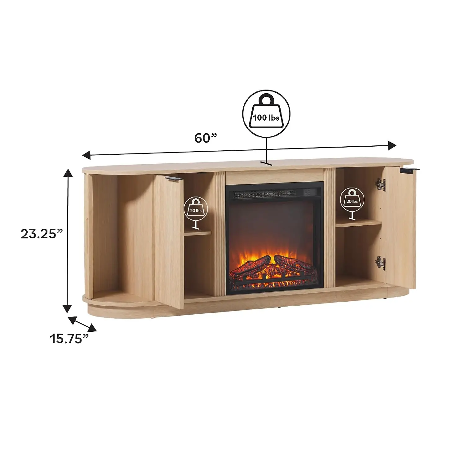 Reeded TV Stand with Fireplace Insert for 65 & 60 Inch TV, Coastal Oak Finish, Customized