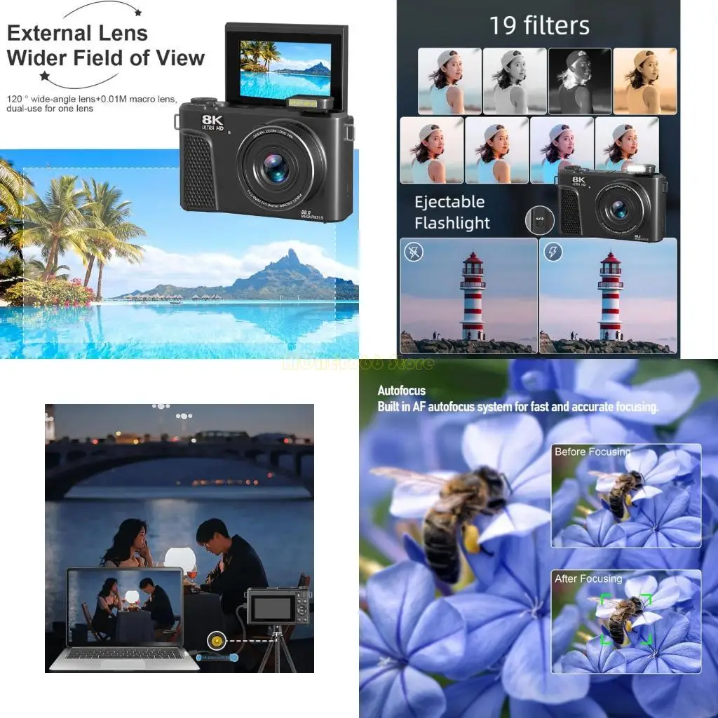 

F62C Цифровая камера 8K 88MP Видеокамера с автоматической фокусировкой и поворотным экраном на 180 градусов Поддержка подсветки