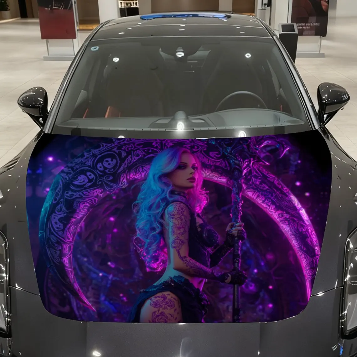 

Colorful Tattooed Woman and Carved Scythe Car Vinyl Wrap, PVC Material Waterproof Car Hood Sticker, Self-Adhesive Scratch-Resist