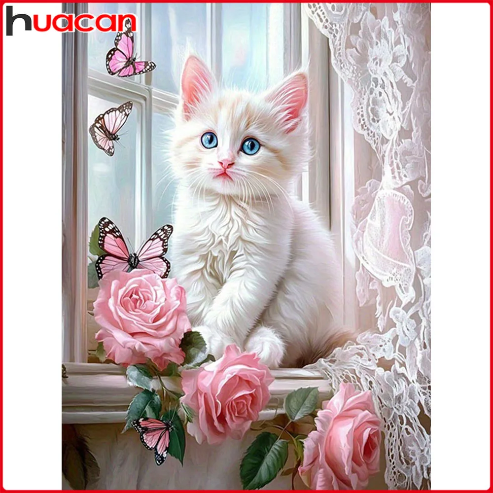 Huacan Diamantgemälde, Katze, Rose, Diamantmosaik, Tierblume, neue Kollektion 2025, Bild von Strasssteinen