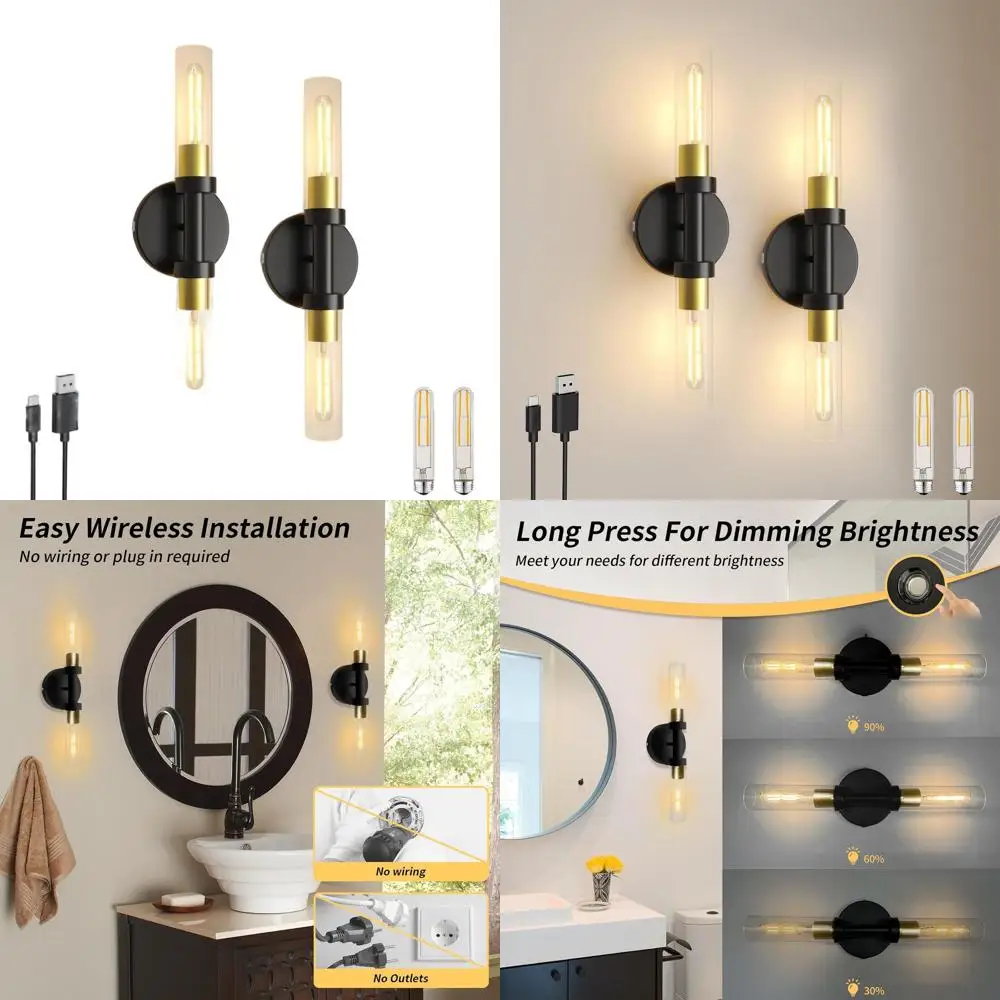 

Комплект из 2 перезаряжаемых светодиодных настенных бра, светильники с сенсорным управлением с регулируемой яркостью, современное освещение туалетного столика для ванной комнаты и гостиной, черный