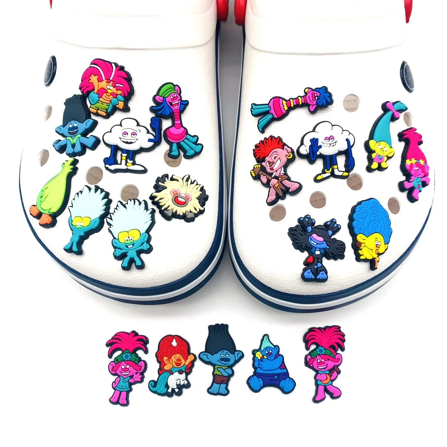 Dijes de zapatos de Trolls Croc, accesorios de dibujos animados de flores, decoraciones de zapatos para zapatillas Croc, hebilla, regalos, 20 piezas por juego