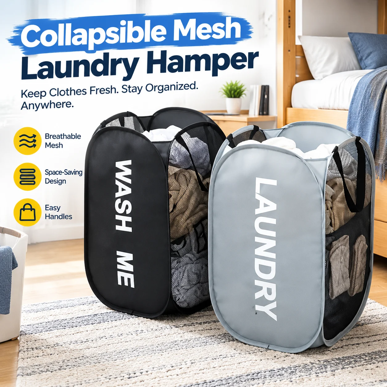 Collapsible Mesh Pop Up Laundry Hamper with Handles, Breathable Space-Saving Basket for Dorm Travel