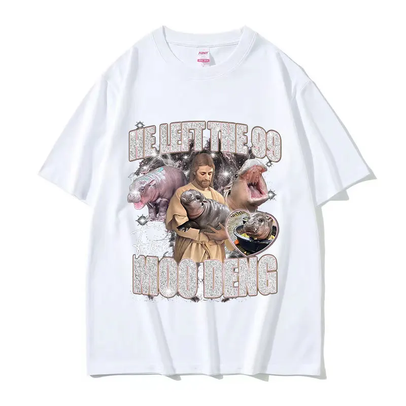 Moo Deng Baby Hippo Jesus Funny Meme Tee Shirt Men Women Harajuku Vintage Fashion T-shirt Casual 100% Cotton Oversized T Shirts