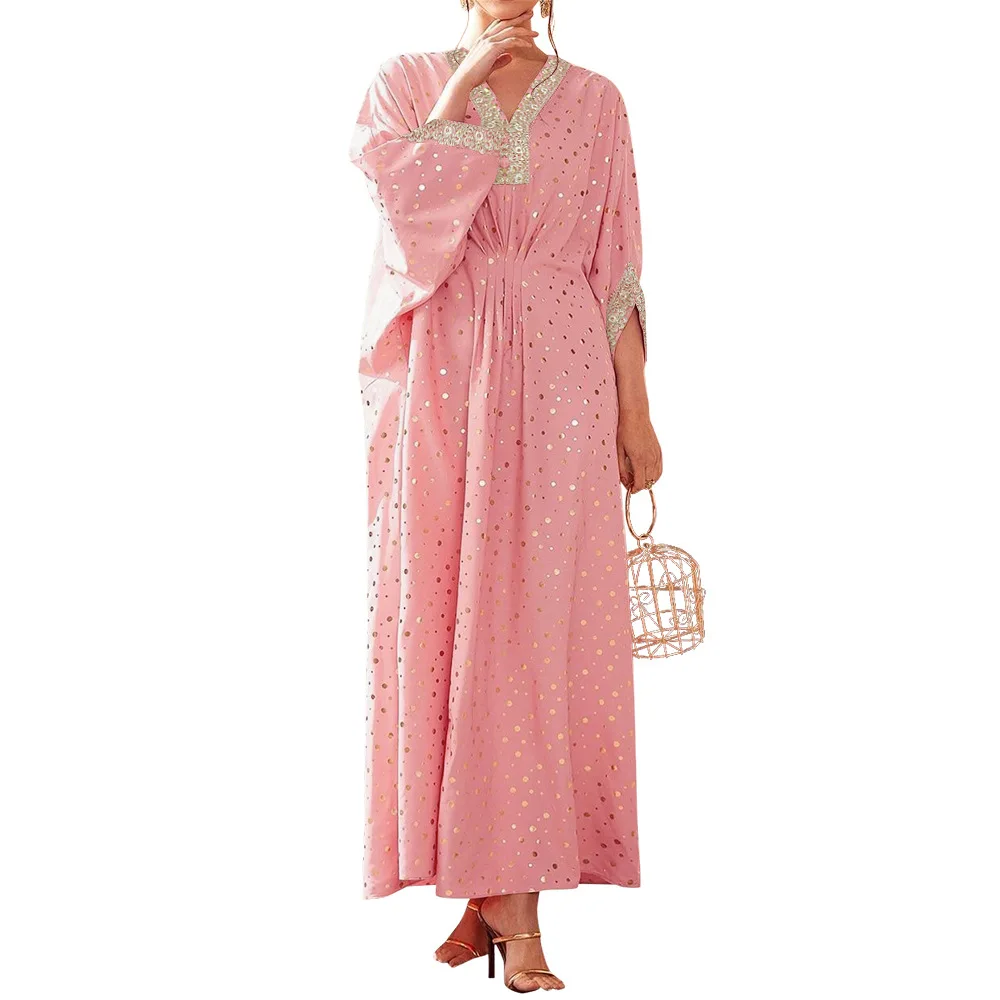 

Middle Eastern Pink Dress Abaya Dubai Polka Dot Hot Stamping Waist Characteristic Lace Kaftan Dress Muslim Coat for Women