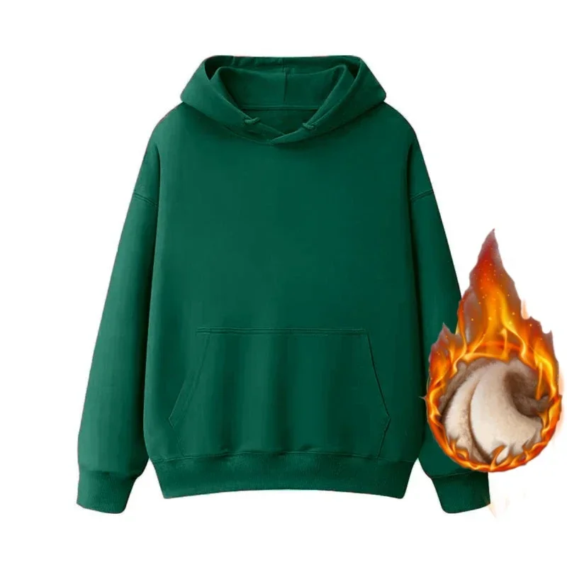 سترة نسائية بلون نقي للخريف والشتاء مع قلنسوة سميكة عصرية فضفاضة غير رسمية بتصميم قبعة ملابس الشارع الشهير بغطاء للرأس مبطن بالصوف