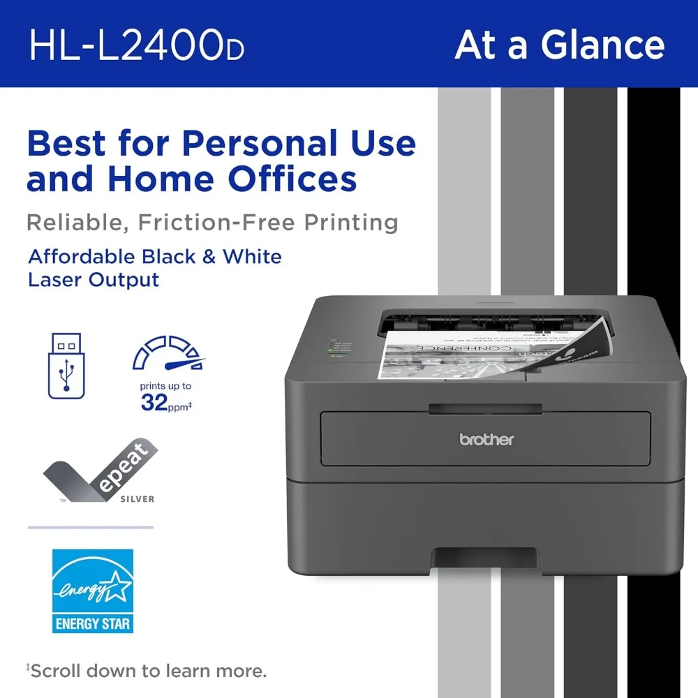 HL-L2400D Compact Monochrome Laser Printer with Duplex Printing, USB Connection, Black & White Output