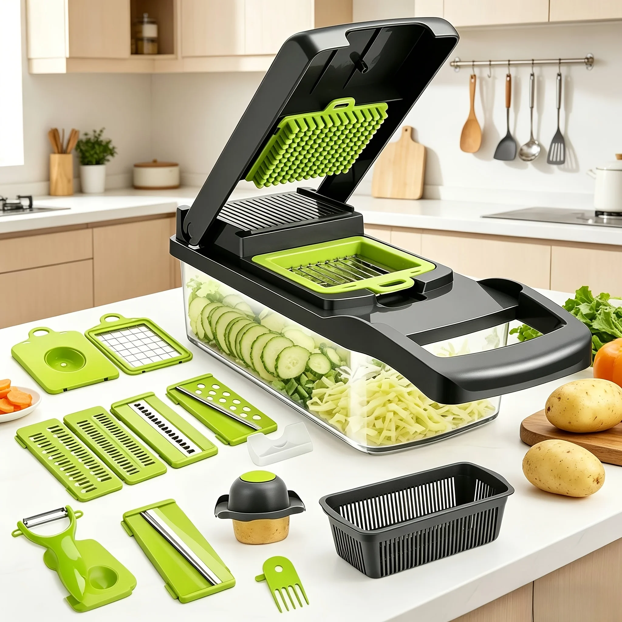 1 Set of 16-in-1 Multifunctional Manual Vegetable Cutter Made of Plastic, Suitable for Slicing, Dicing, and Shredding, with a Container, Ideal for Onions, Potatoes, Tomatoes, Cucumbers, Carrots, Perfect for Ramadan Celebrations and Restaurant Meal Preparation Equipment