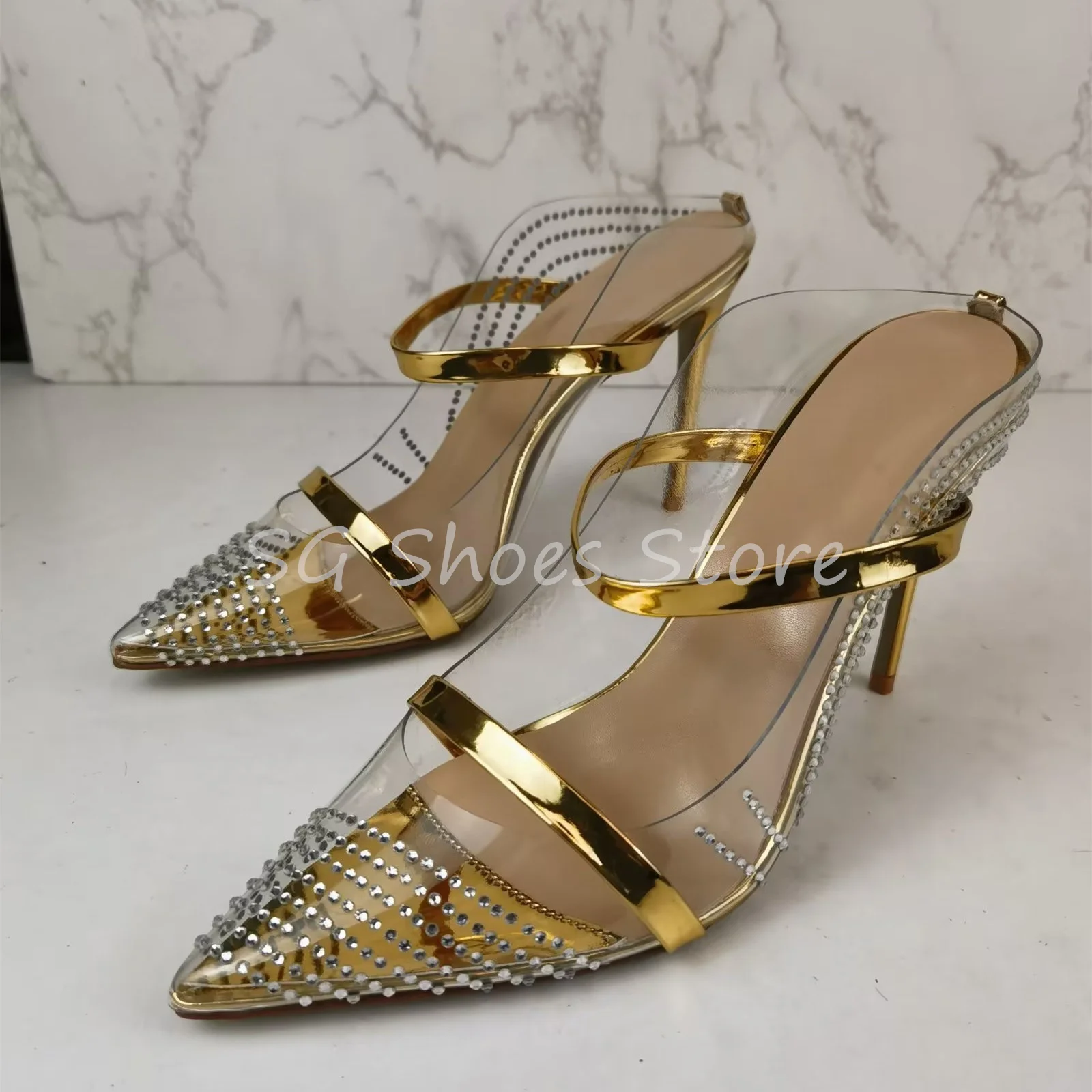 

Rhinestones Breathable Mesh Women Slingback Pumps Sexy Pointed Toe Thin Heel Sandals One Strap Ladies Dress Hight Heel Shoes