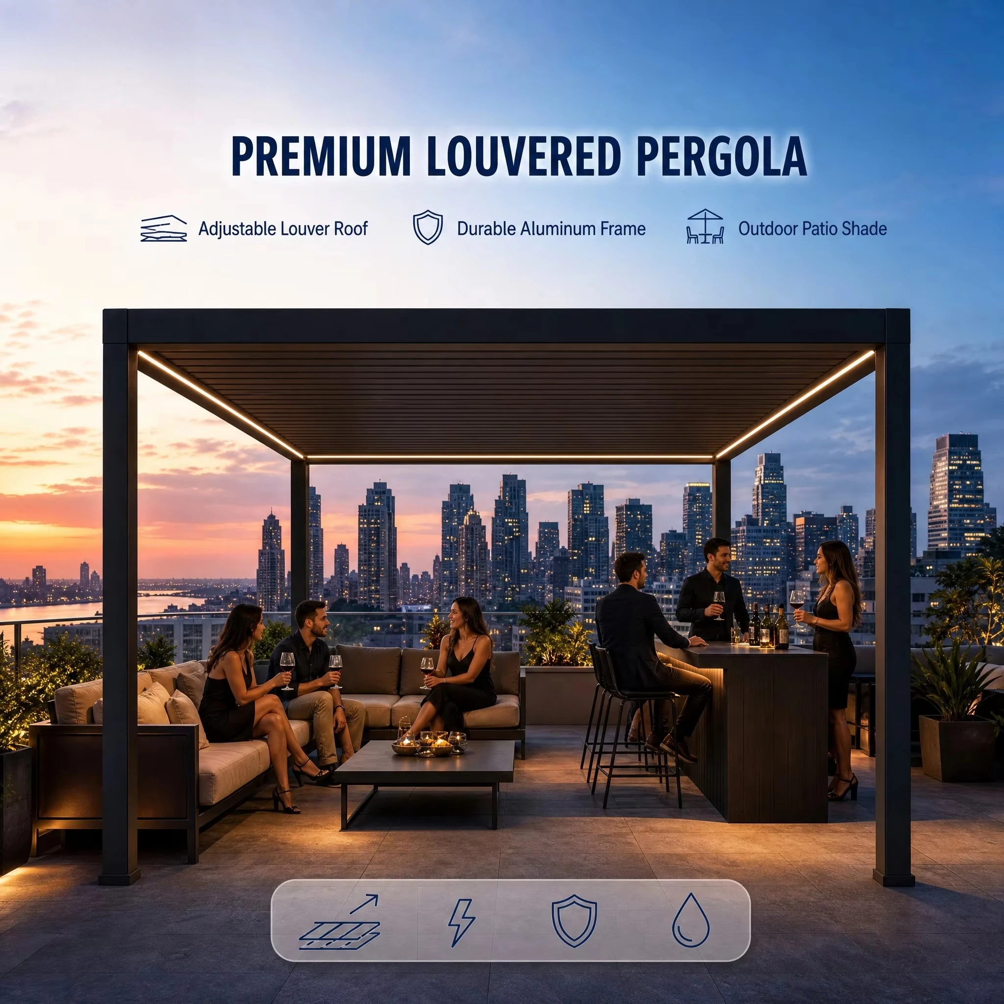 Premium Aluminum Bioclimatic Pergola, Motorized Retractable Louvered Gazebo, Remote Control For Villa Backyard Garden