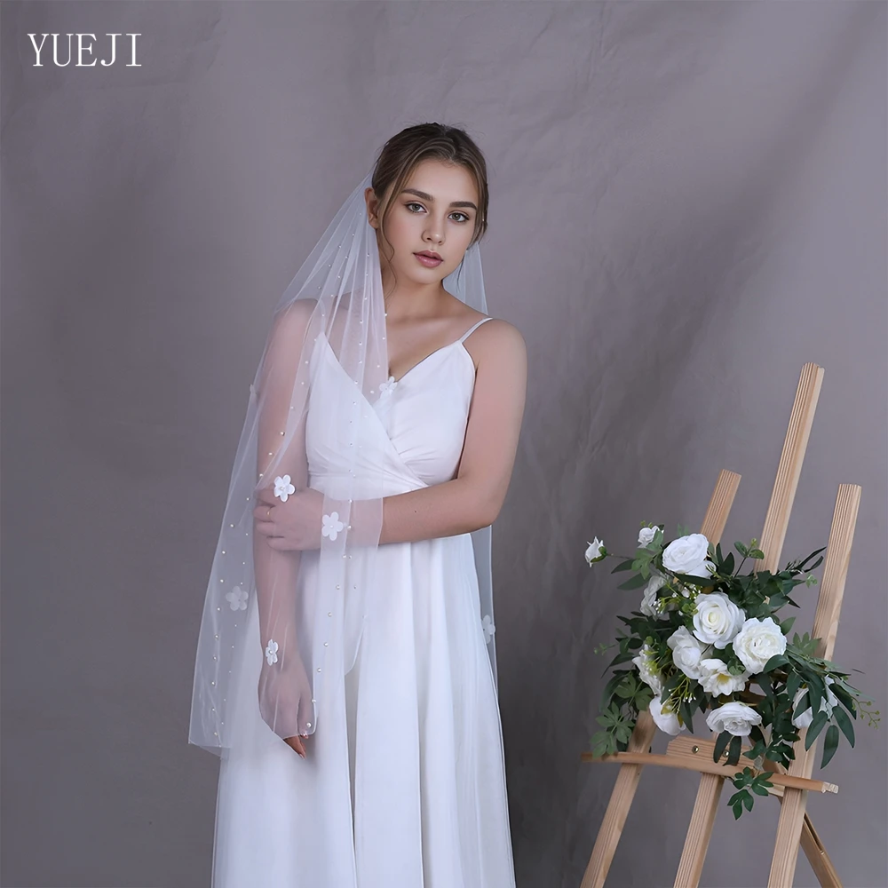 YUEJI-véu único nupcial com pérolas, flor 3D, véu de noiva elegante, Bachelorette De Novia 2024 De Buena Calidad, YJ193