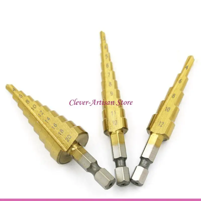 

E06B 3 шт./компл. 3-12 мм 4-12 мм 4-20 мм ступенчатое конусное сверло с шестигранным хвостовиком, высокоскоростная стальная для