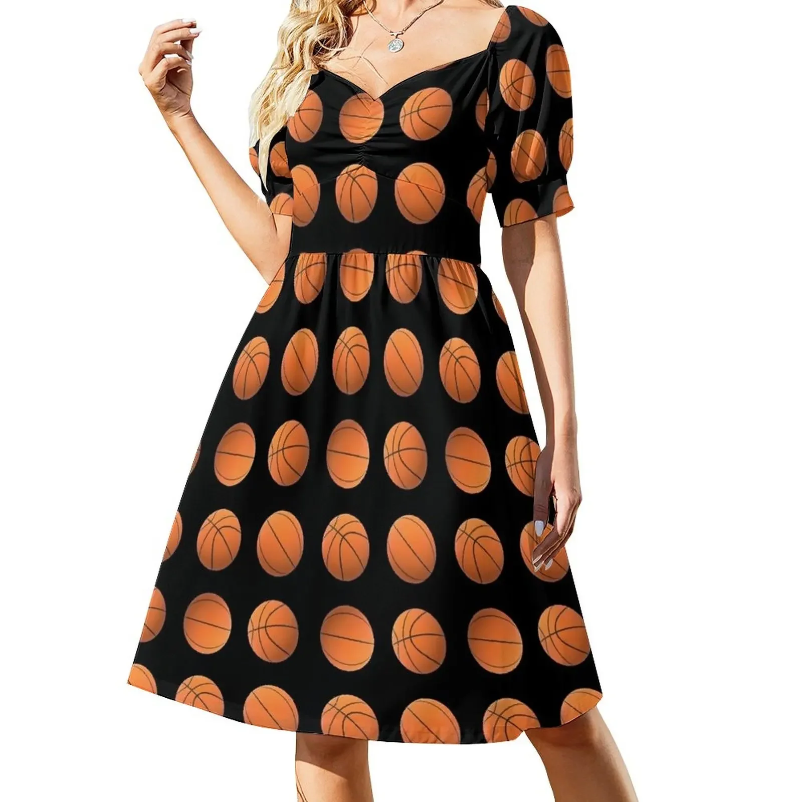 

Basketball Lovers Basketballs Pattern for Fans and Players (Black Background) Short-Sleeved Dress women formal occasion dresses