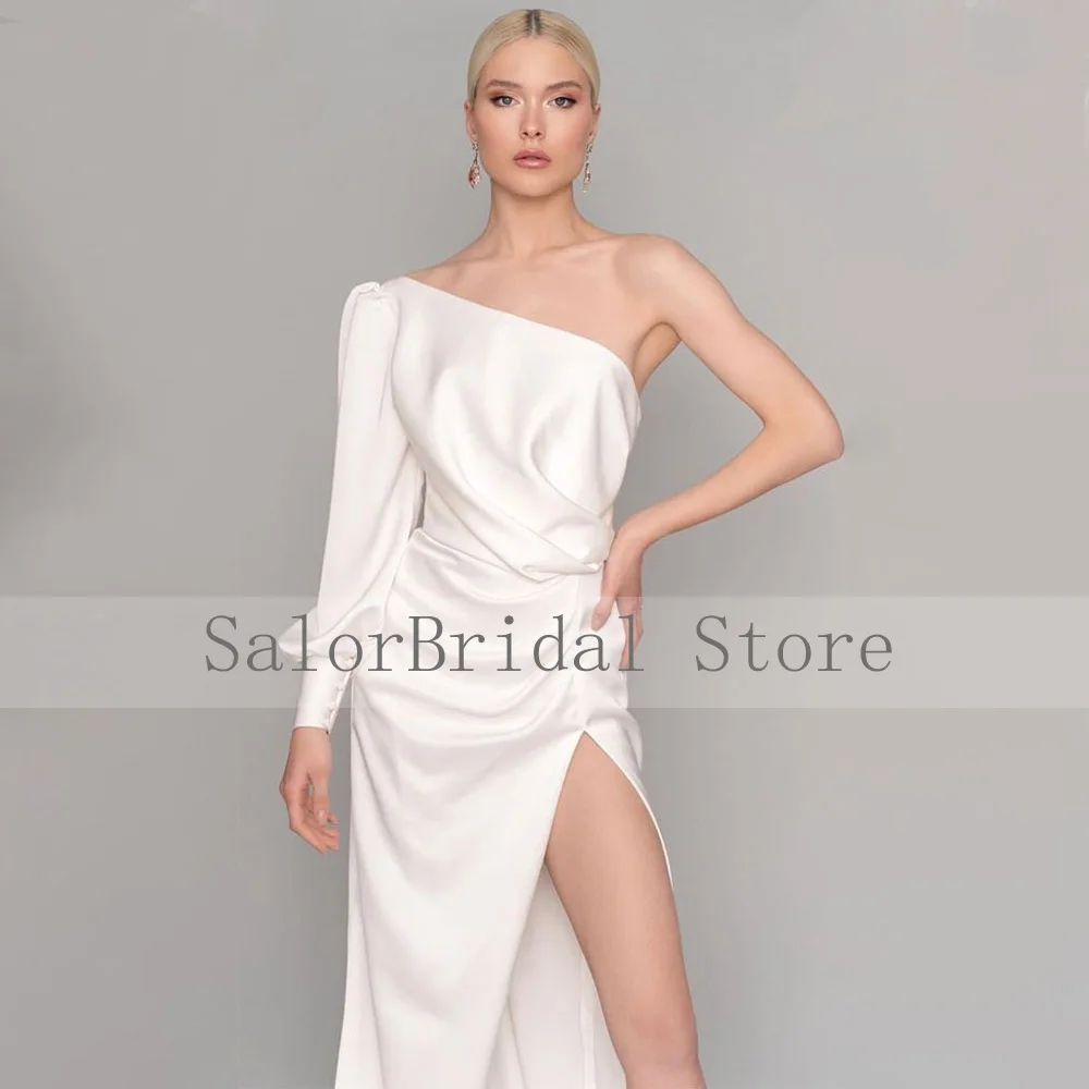 Einfache Hochzeit Kleid Weiß 2022 Schulter Langen Ärmeln Meerjungfrau Hochzeit Kleid für Frauen Braut Satin Seite Slit Vestidos de novia