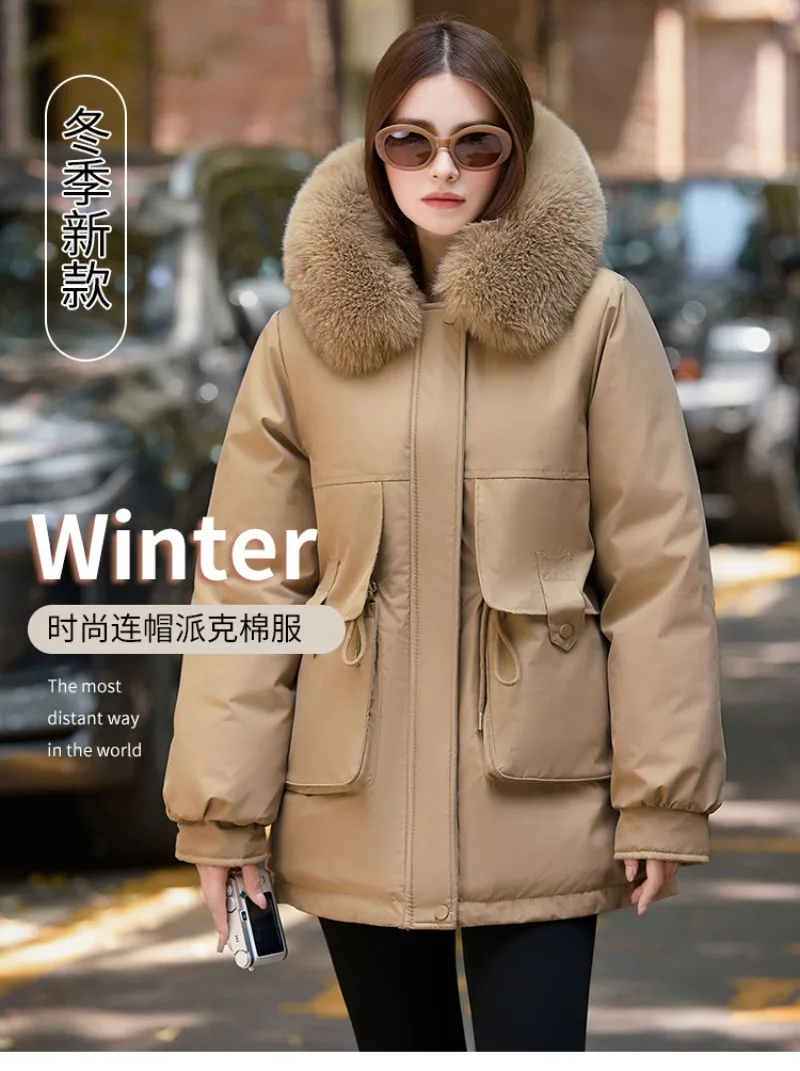 2026 Winter Jacket New Women Parka Clothes Mid Length Coat Wool Liner Hooded Jacket Fur Collar Thick Warm Snow Wear Padded Parka