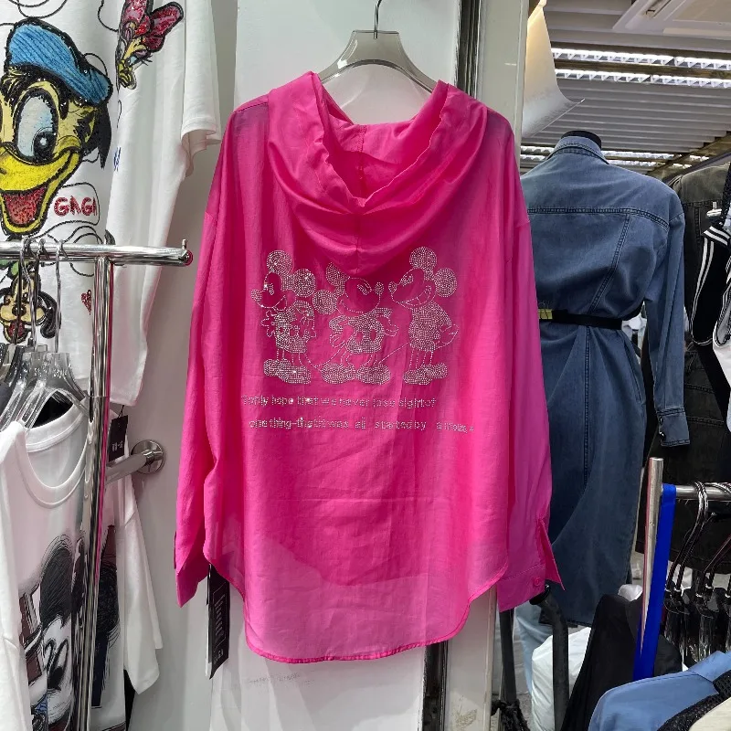 

Women's 2025 Summer New Kawaii Coat Cartoon Diamond-encrusted Hooded Sunscreen Shirt Long-sleeved Pullover Y2k Loose Top Clothes