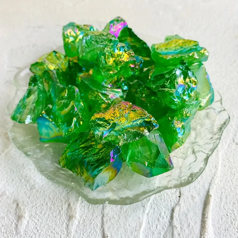 Green Quartz Stone with Iridescent Colors Is Available in Both Polished and Unpolished Versions