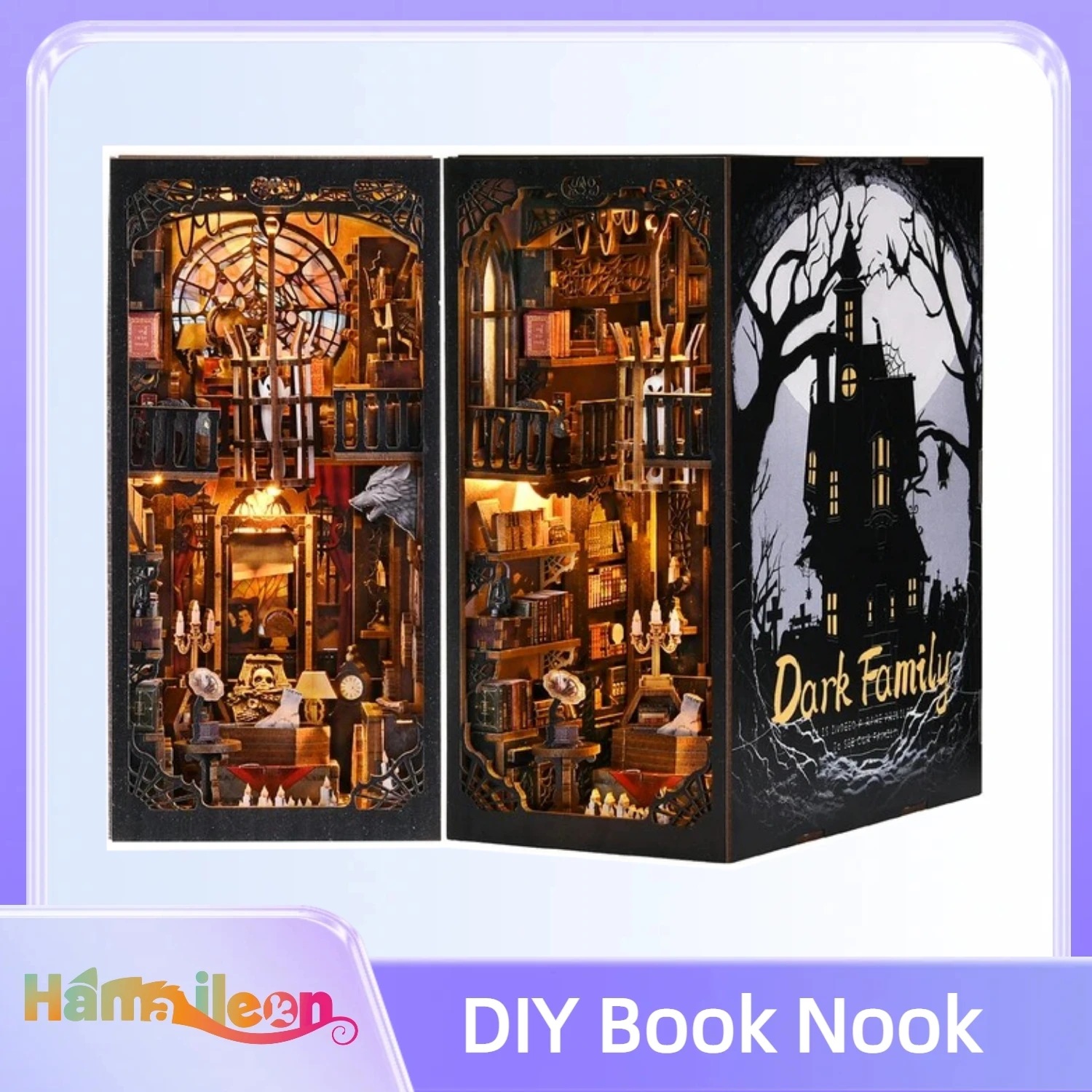 Hamaileon 3D Wooden Puzzle Bookend Bookshelf Insert Booknook Miniature House Kit,with LED Light  for Adults Teens（Dark Family）