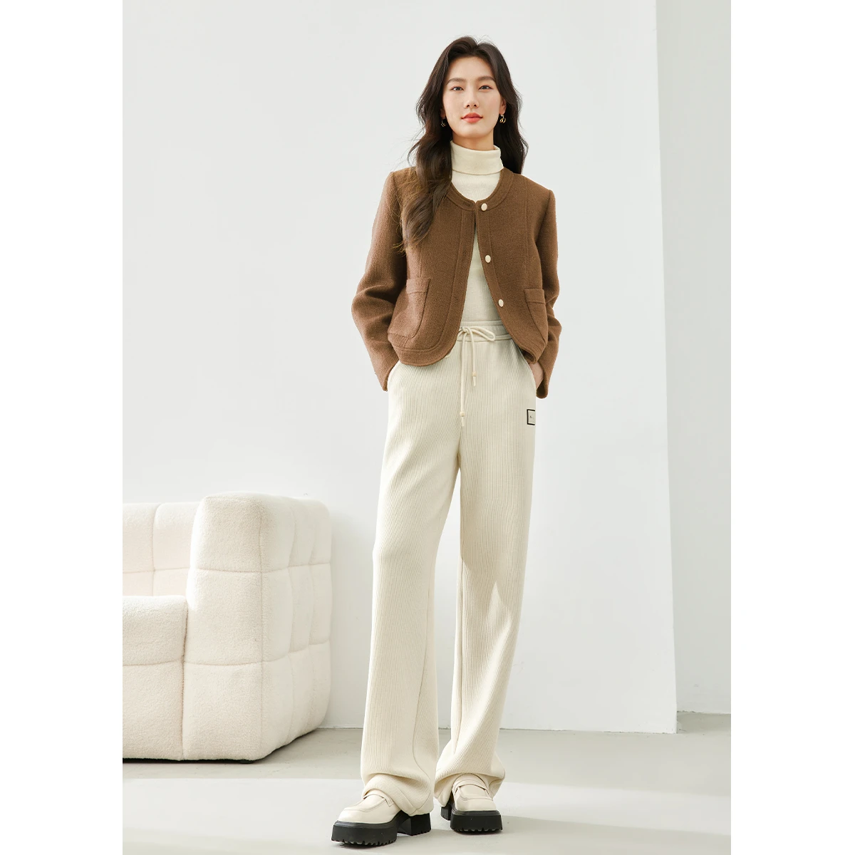 Vimly Women's Tweed Jacket 2025 Autumn Round Neck Single-Breasted H-Line Long Sleeves Coat Elegant-style Warmth Overcoat A0057