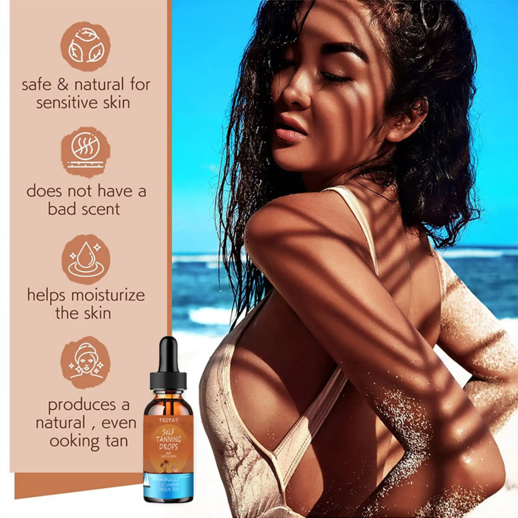 TRSTAY gotas de bronceado adecuadas para cara y cuerpo, té verde de pepino con caléndula