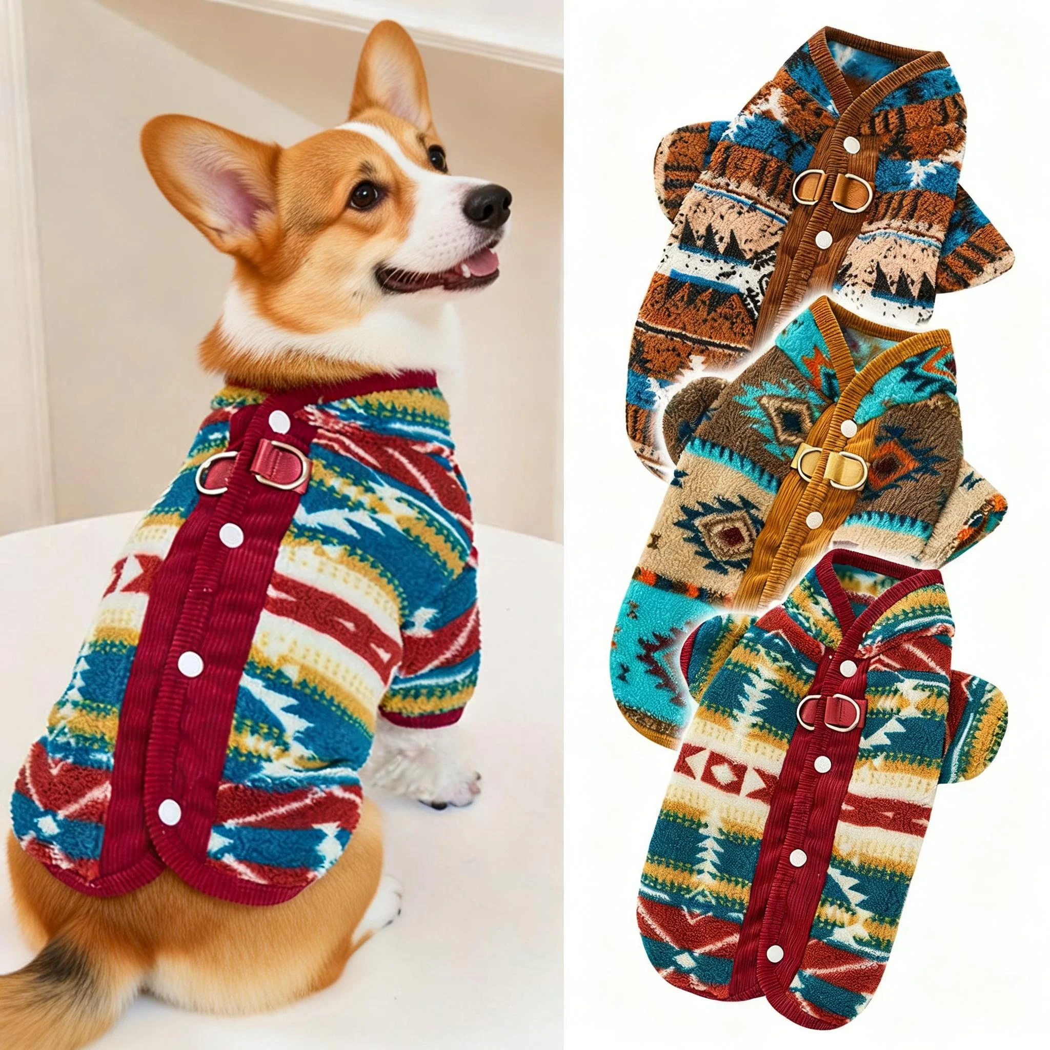 

Boho Chic Dog Clothes Cat Winter Wear, Traditional Pattern Vest with Back Opening, Cozy Two-Legs Pet Sweater