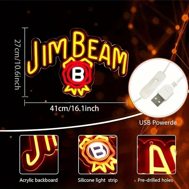 Jim Beam ウイスキー LED ネオンサイン - 壁の装飾用の鮮やかなアート