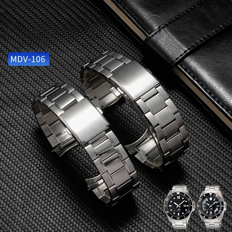 Black 22mm Delicate Selected Solid Stainless Steel Skin-friendly Watchband for Casio Duro MDV106 107 MTP-1374/1375/5374 Strap
