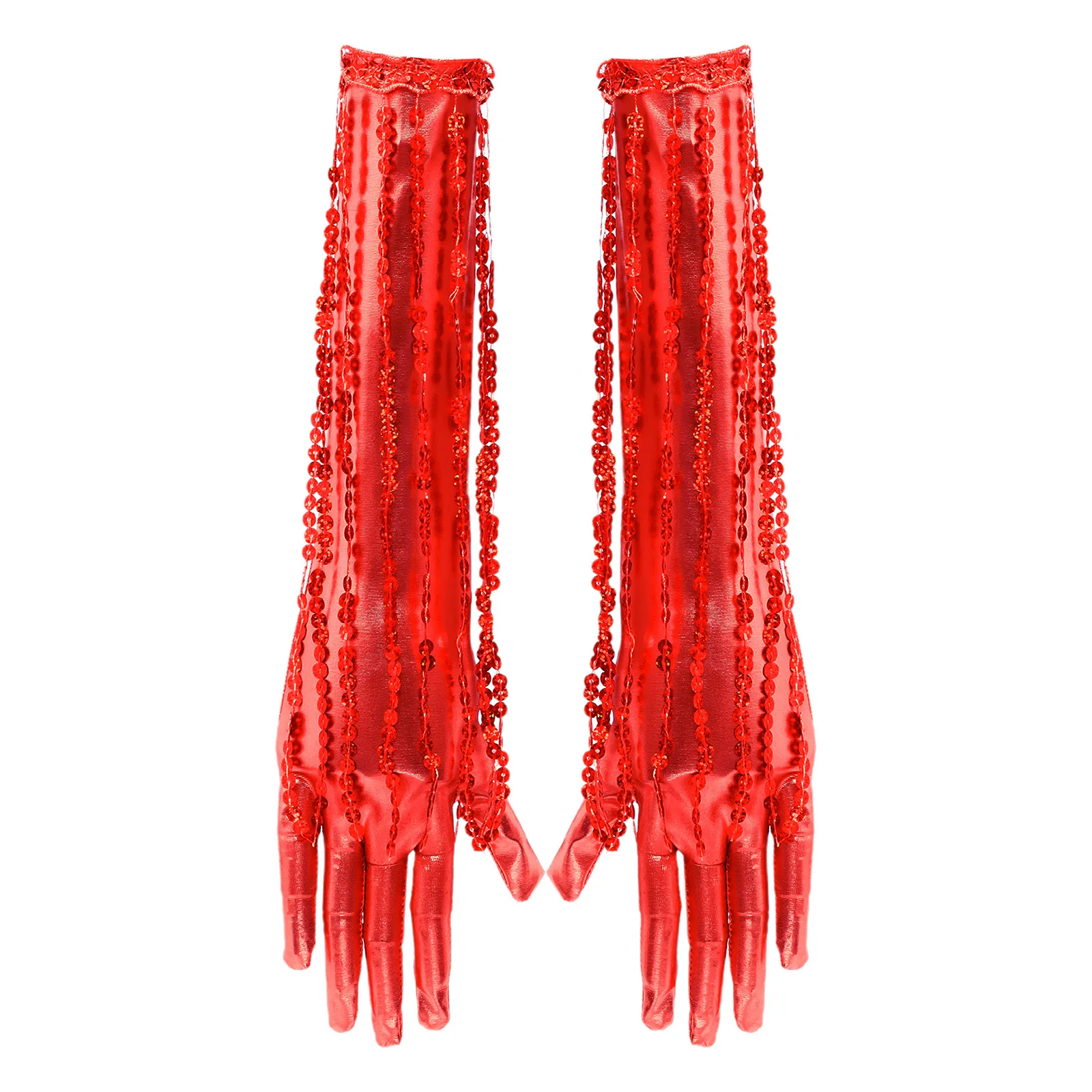 レディースのまばゆいスパンコールフリンジグローブ、メタリックな輝き、1920年代のオペラスタイルのグローブアクセサリー、プロムや社交ダンスのパフォーマンスに最適