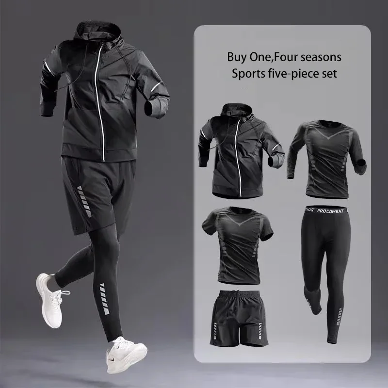 New Men's Sportswear 1-5Pcs Suit  All-Season Running Cycling Fitness Quick Drying Clothing Jogging Training Men's Track Suit Set