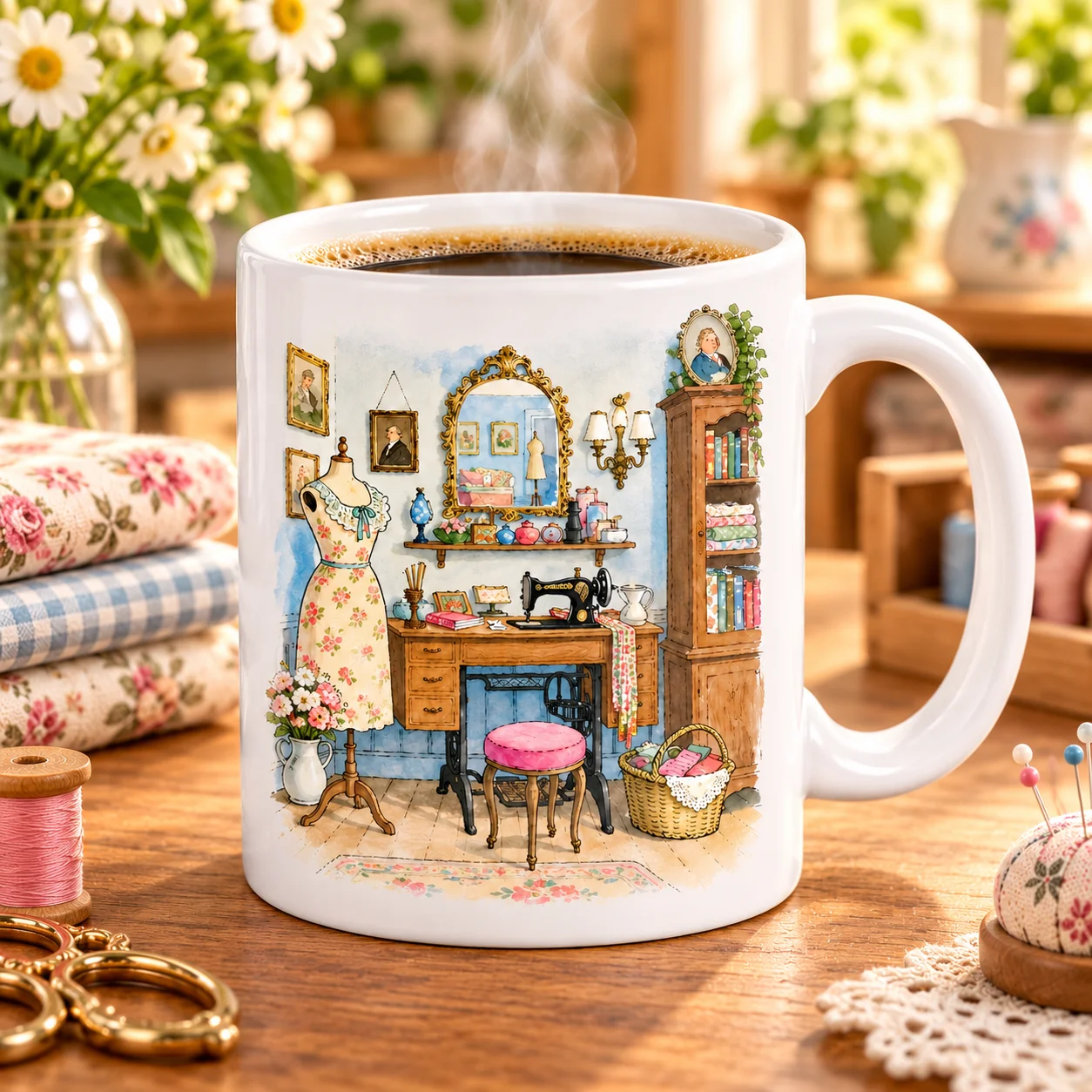 1pc Sewing Room Themed Sublimation Ceramic Coffee Mug, Vintage Tailor Workshop Watercolor Pattern Cup, Unique Hobby Gift,