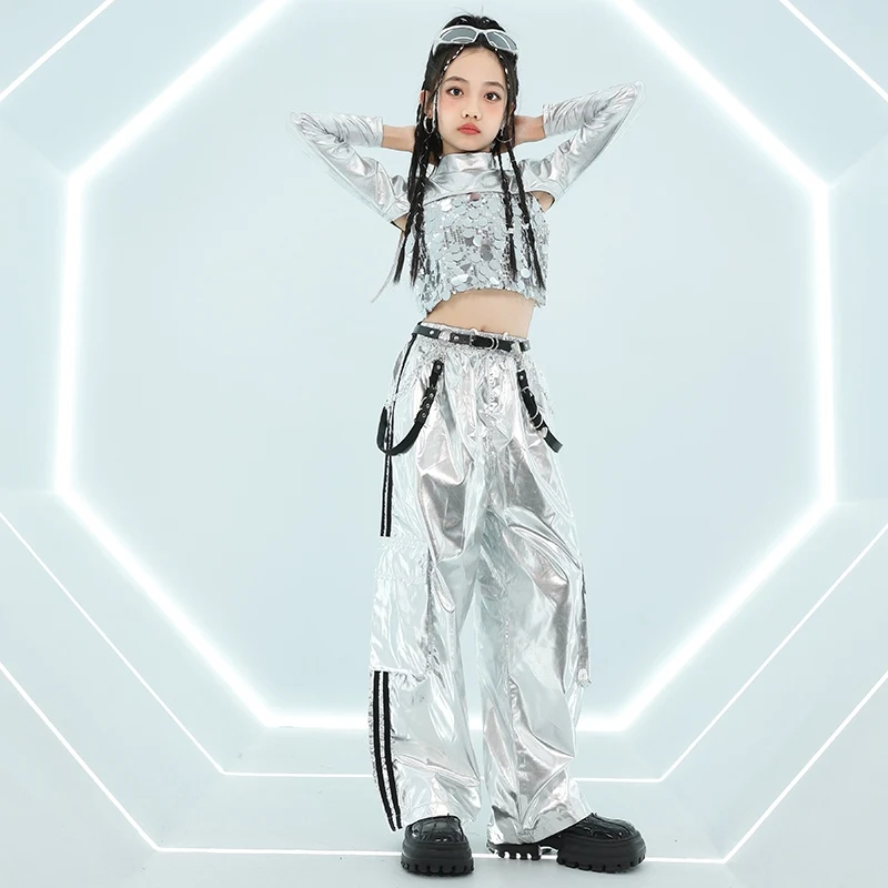 Kids Clothing  Jazz Dance Silver Sequin Suit Tops Cargo Pants Hip-hop Suit Street Dance Clothes Catwalk Show Costumes DQL9583
