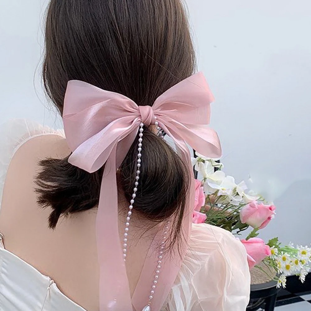 Bow Tassel Spring Clip Beige Pink Sweet Hairpn Barrettes Girls Ponytail Hait Clip For Women Wedding Party Hair Accessories