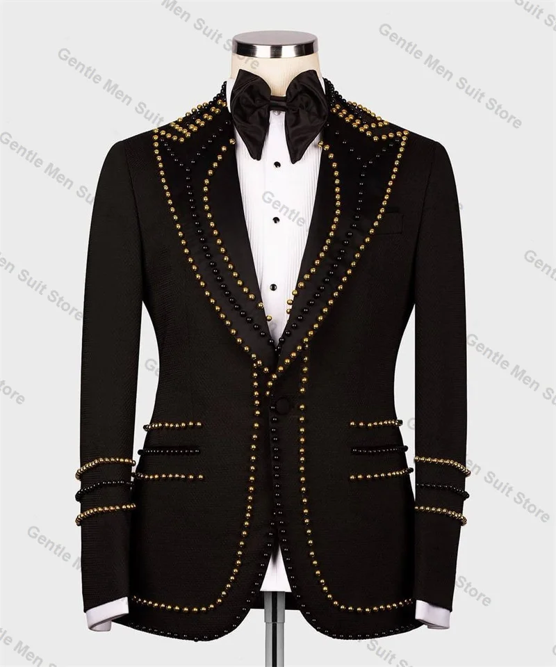 Luxury Crystals Men Suits 2 Piece Black Cotton Blazer+Trousers Wedding Tuxedo Male Prom Coat Customized Formal Office Jacket